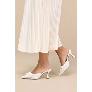 Lulus Bettanie White Satin Textured Bow High Heel Mules - Size 8